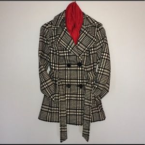 Wool Blend Houndstooth Pea Coat Black & White